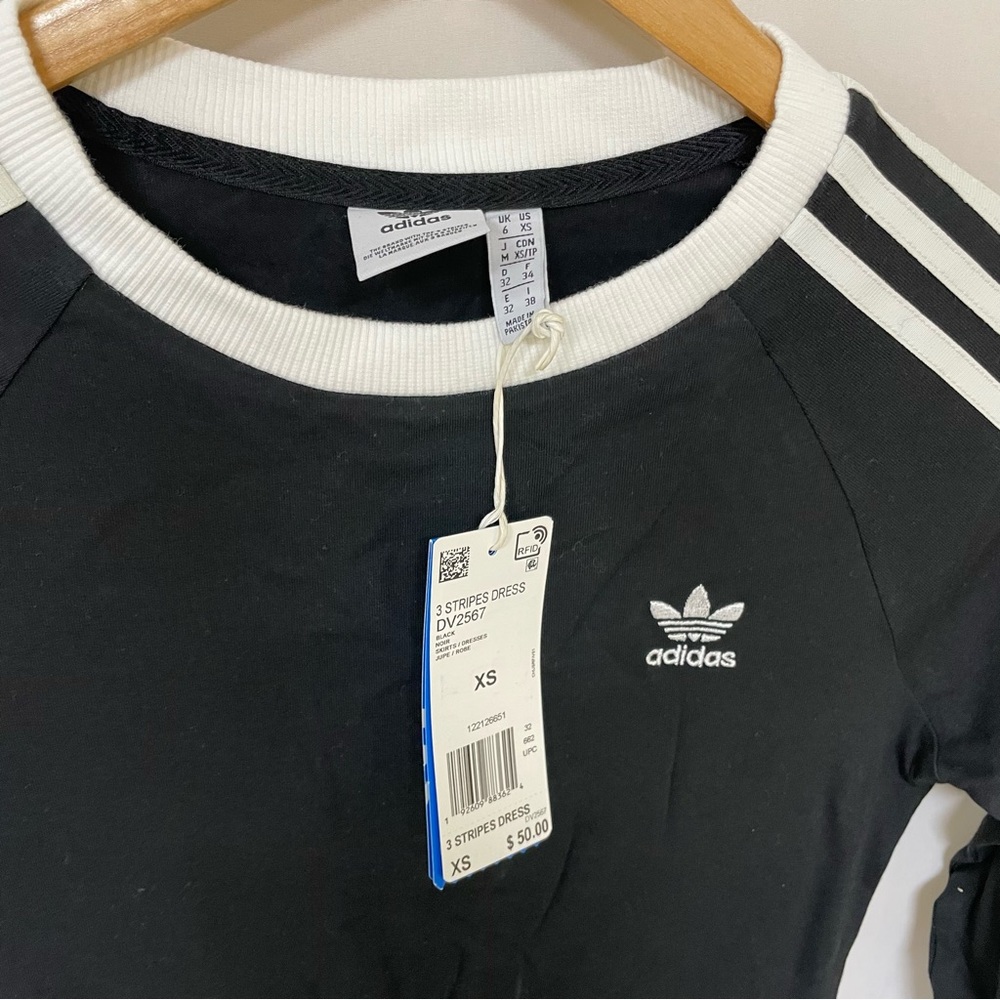 Adidas Shirt Dress Womens XS Black Three Stripe Long Sleeve Fitted Midi NWT